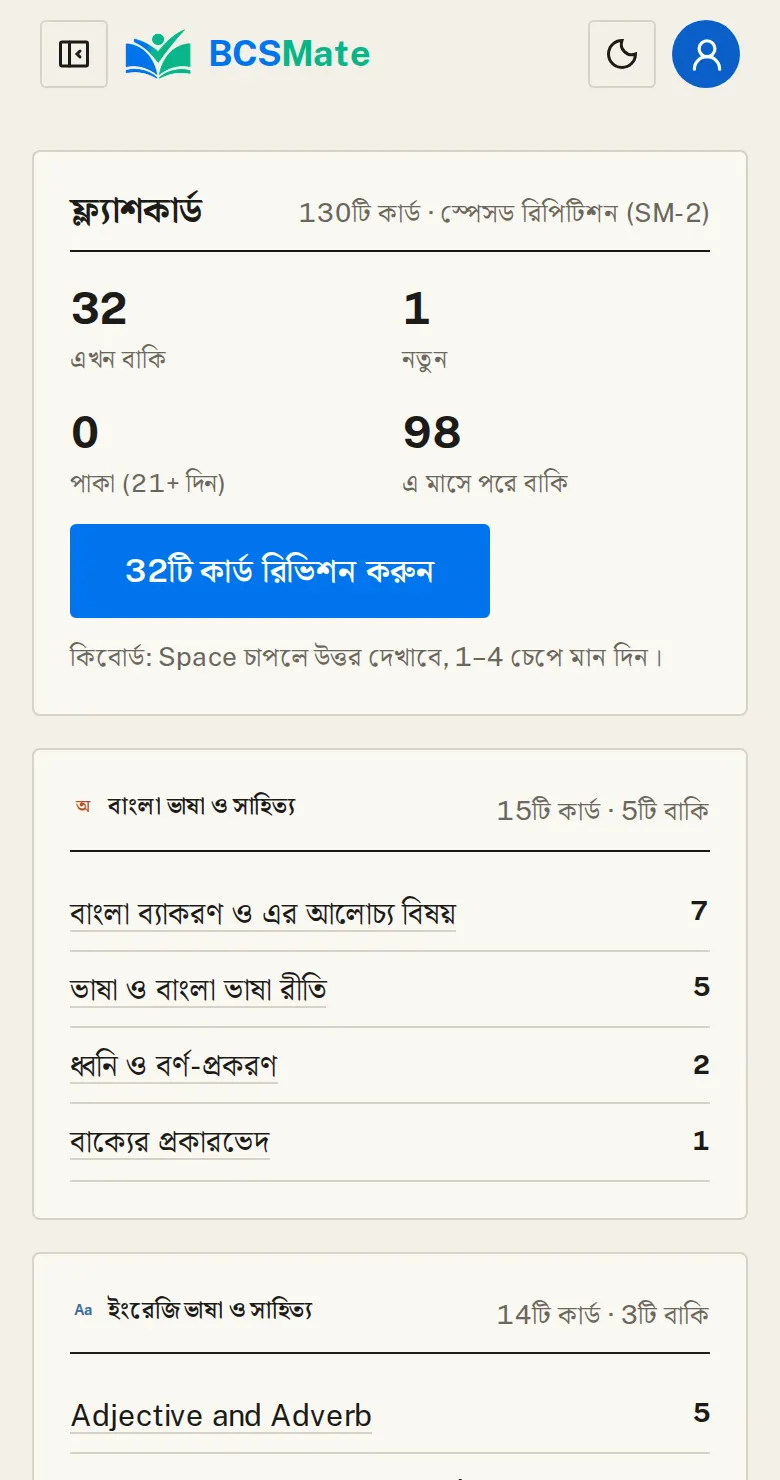 আজকের কার্ড: মেনু → ফ্ল্যাশকার্ড। যেকোনো পরীক্ষায় ভুল হওয়া প্রশ্ন এখানে কার্ড হয়ে আসে। প্রশ্নব্যাংক থেকে নিজেও যোগ করা যায়।