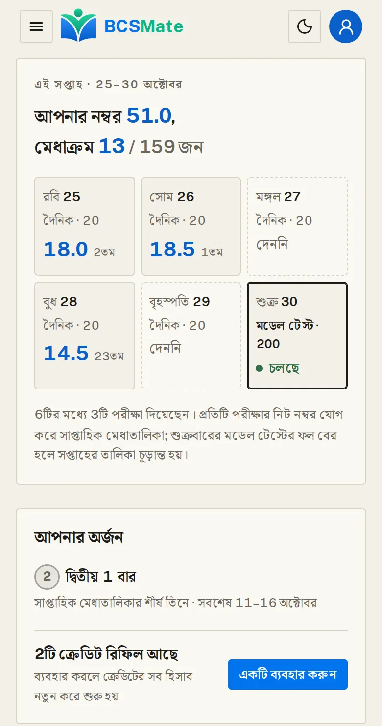 এই সপ্তাহ এক নজরে: সপ্তাহের প্রতিটি পরীক্ষার দিন একটি করে ঘরে: কোন পরীক্ষায় কত পেয়েছেন, কোনটি দেননি, কোনটি আজ চলছে আর কোনটি সামনে।