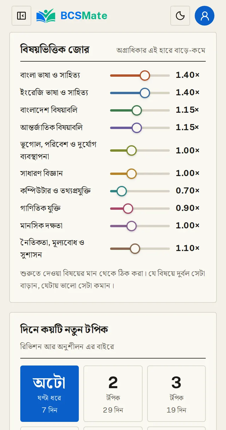 বিষয়ের জোর বাড়ান-কমান: যে বিষয়ে দুর্বল, সেটা প্ল্যানে আগে ও বেশি আসুক চাইলে এখানে জোর বাড়ান।