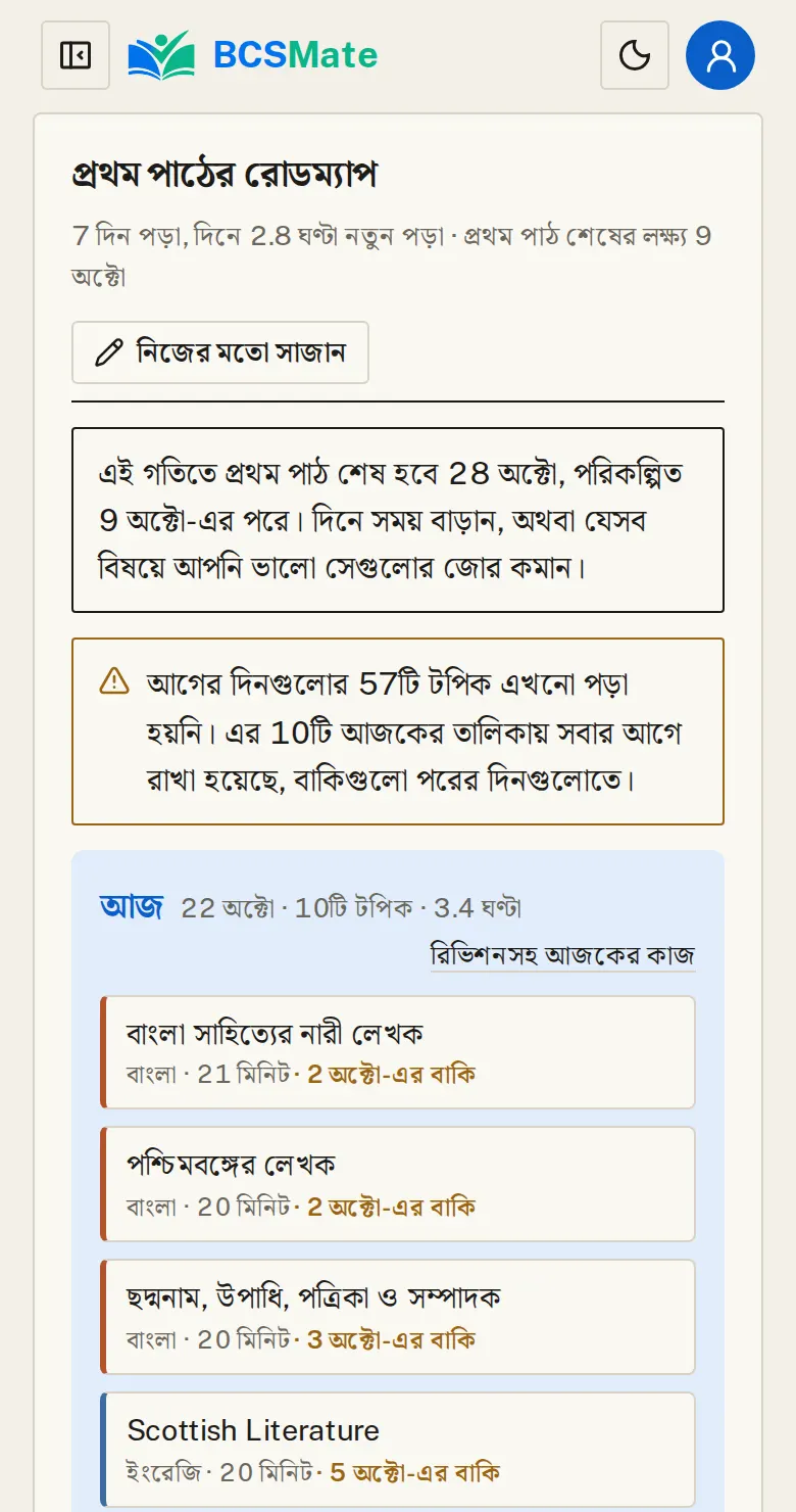রোডম্যাপে কোন দিন কী পড়বেন: নিচে দিন ধরে ধরে কোন টপিক পড়বেন তার তালিকা। কোনো দিন পড়া না হলে বাকি টপিক পরের দিন সবার আগে আসে।