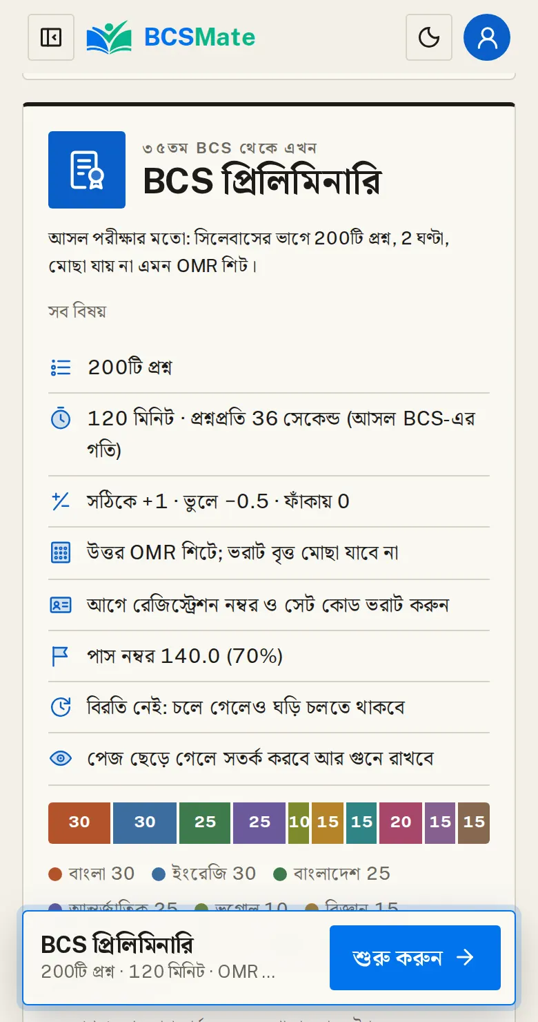 শুরু করুন: ডান পাশের সারসংক্ষেপে পরীক্ষার নিয়ম একবার দেখে নিন।