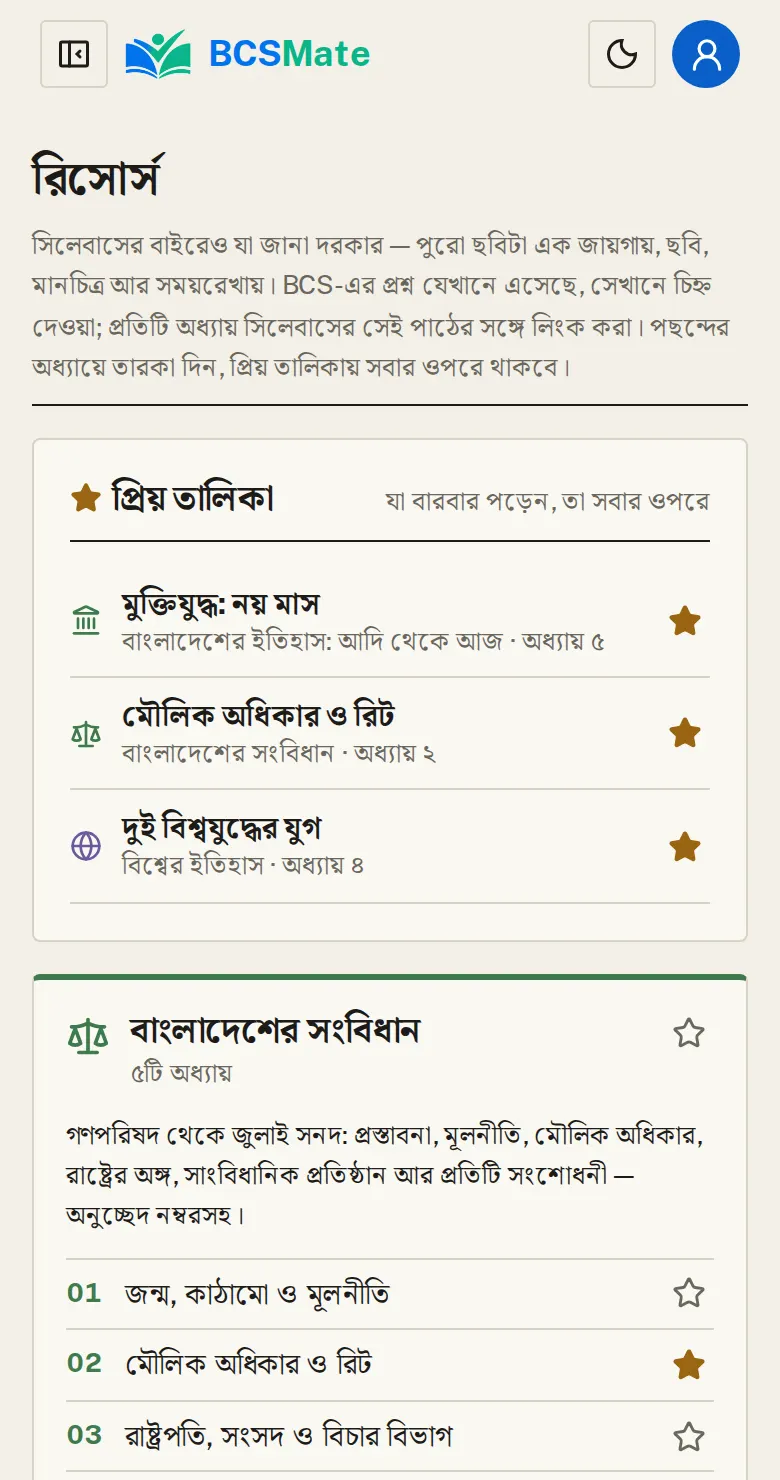 প্রিয় তালিকা আর সব রিসোর্স: মেনু → রিসোর্স। পাঠ এক টপিকের, রিসোর্স পুরো বিষয়ের বড় ছবি।