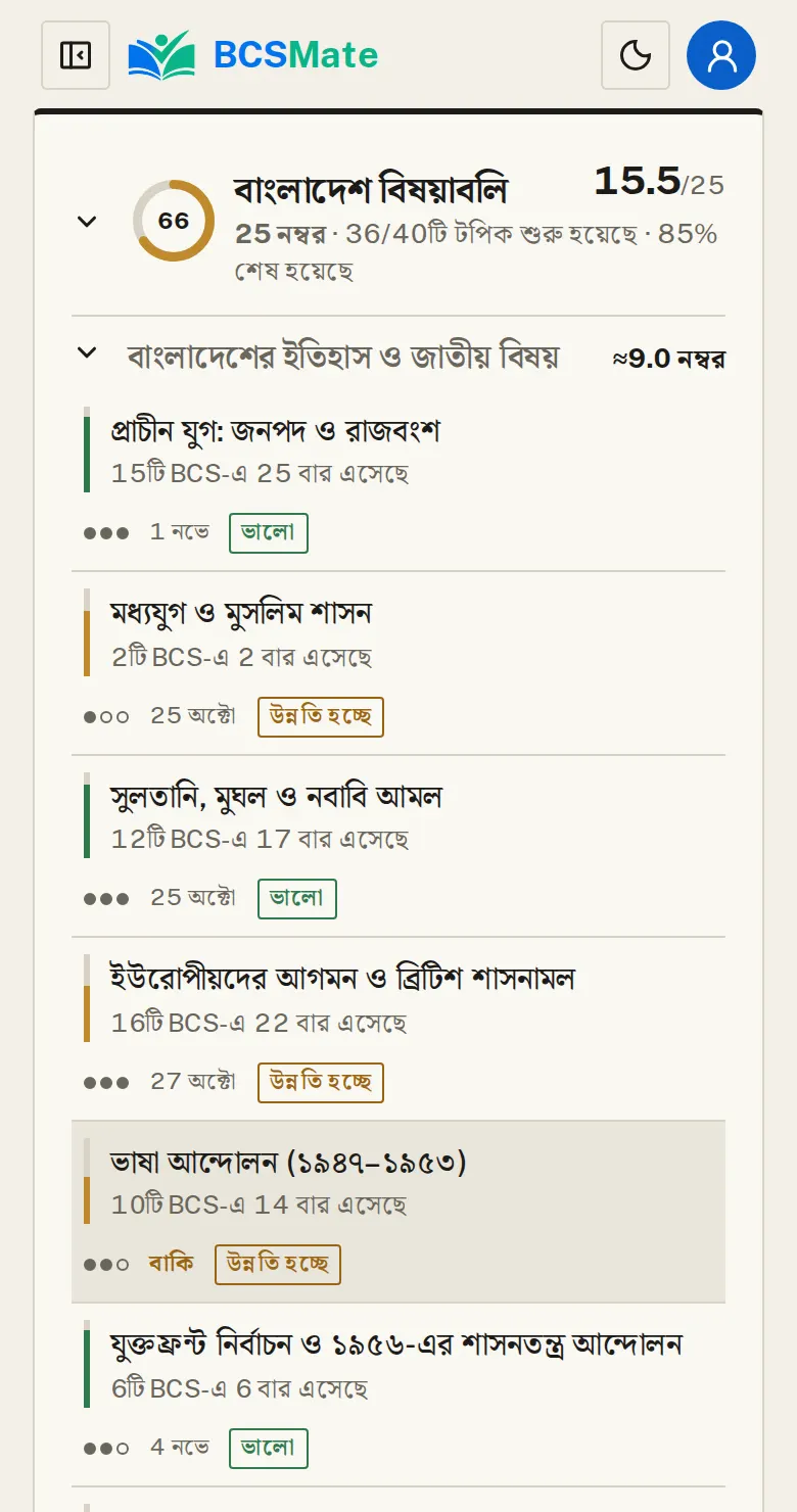 বিষয় খুলে টপিক দেখুন: বিষয়ের নামে চাপলে তার অংশ আর টপিকগুলো খোলে।