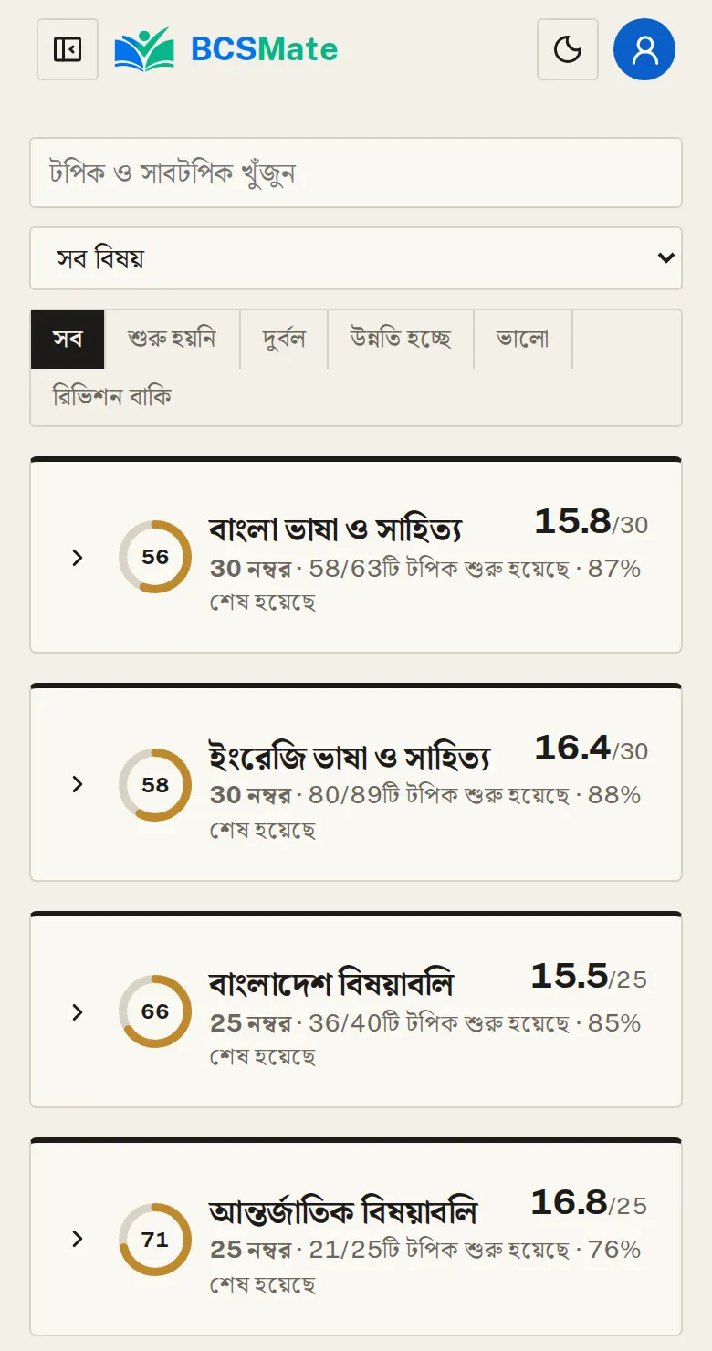 টপিক খুঁজুন ও ফিল্টার করুন: মেনু → সিলেবাস। BPSC-এর সিলেবাসের সব বিষয় আর টপিক এক জায়গায়।